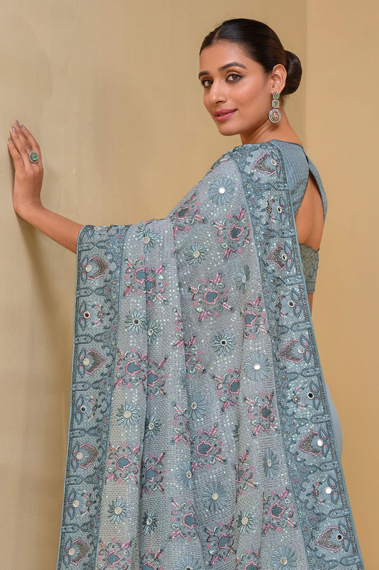 Banarasi Fabric Occasion Wear Grey Sequins Work Saree