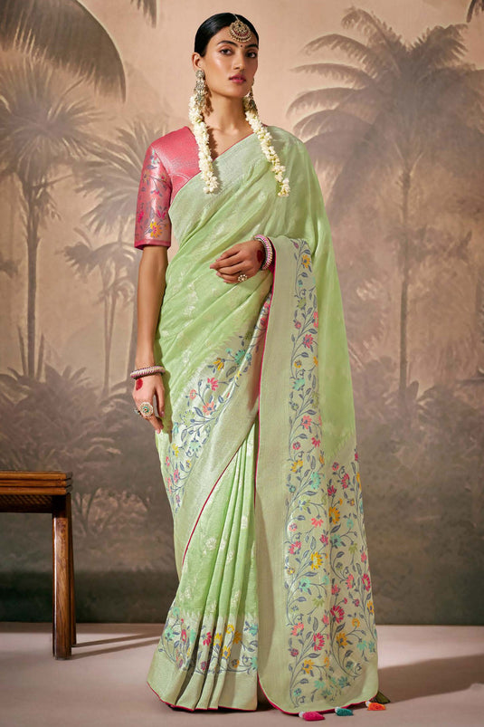 Silk Fabric Sea Green Weaving Work Saree