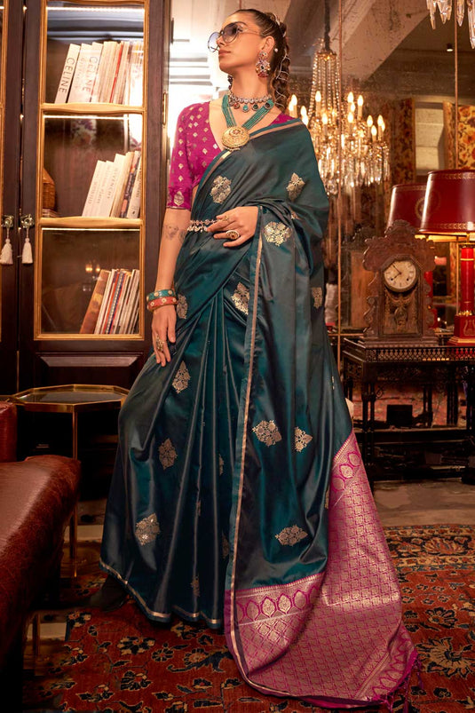 Tempting Teal Color Weaving Design Satin Saree