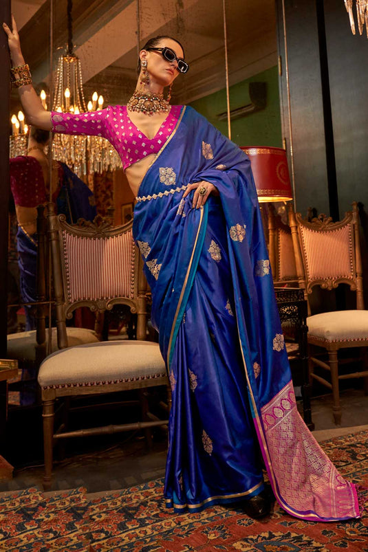 Navy Blue Color Delicate Weaving Design Satin Saree