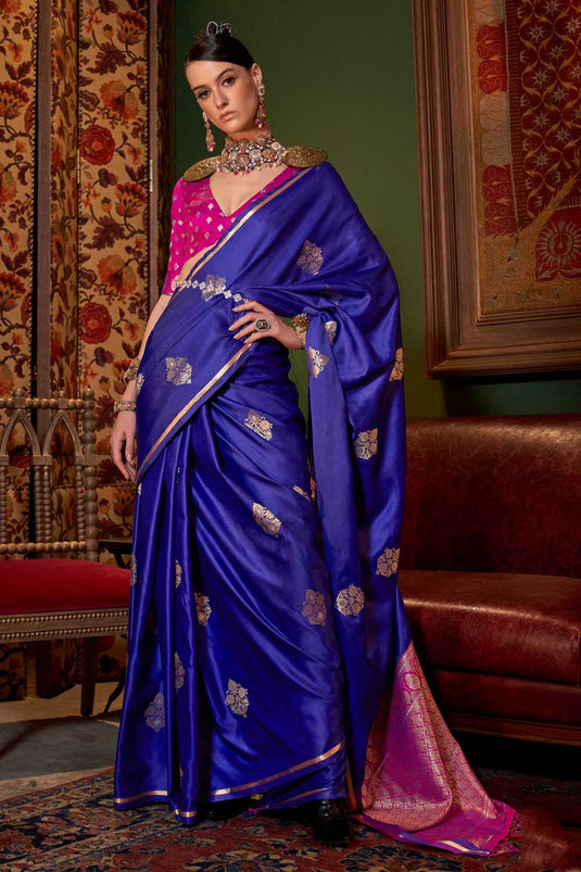 Blue Color On Chic Weaving Design Satin Saree