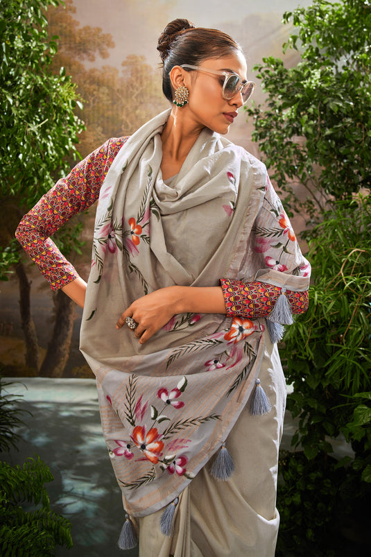 Grey Color Daily Wear Saree With Printed Blouse