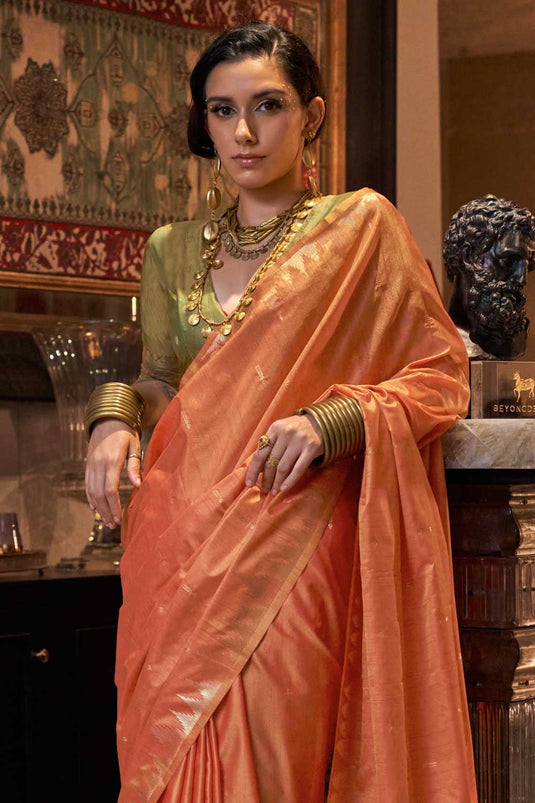 Imposing Handloom Weaving Silk Saree In Peach Color