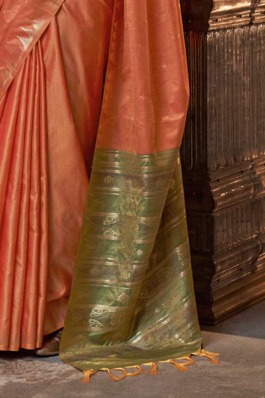 Imposing Handloom Weaving Silk Saree In Peach Color