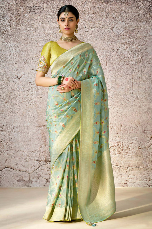 Wedding Wear Sea Green Banarasi Silk Saree