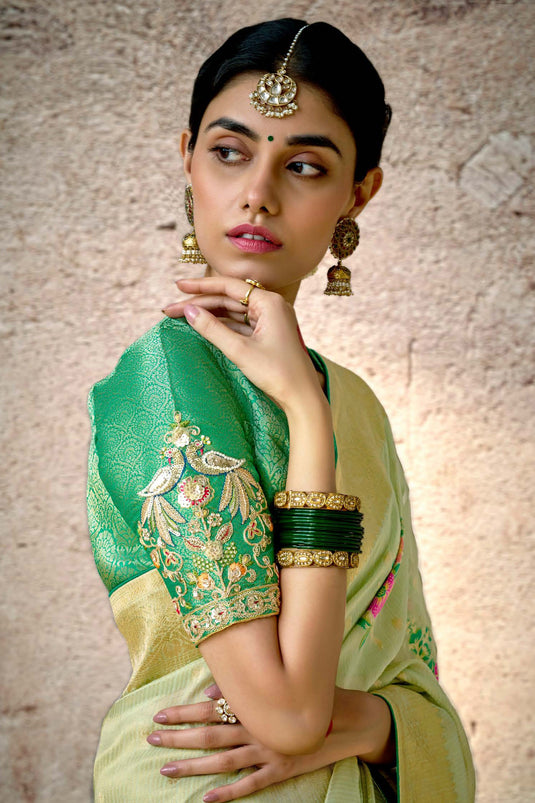 Woven Banarasi Silk Saree In Sea Green Color