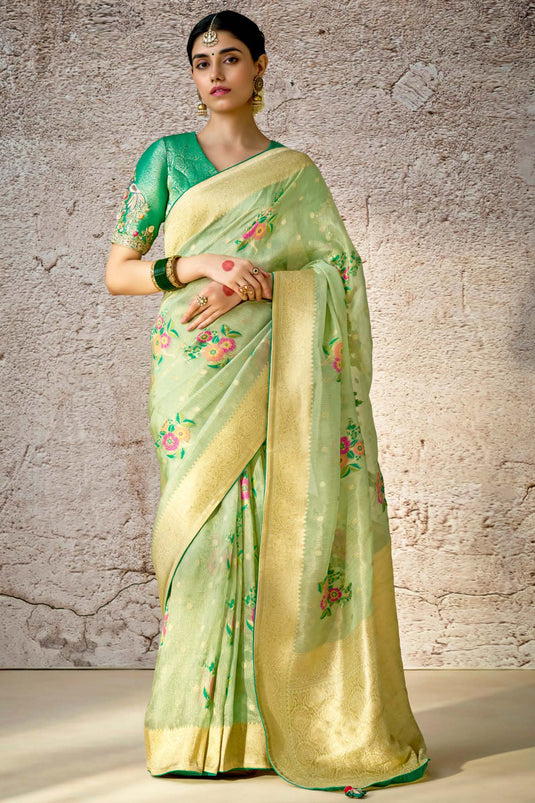 Woven Banarasi Silk Saree In Sea Green Color