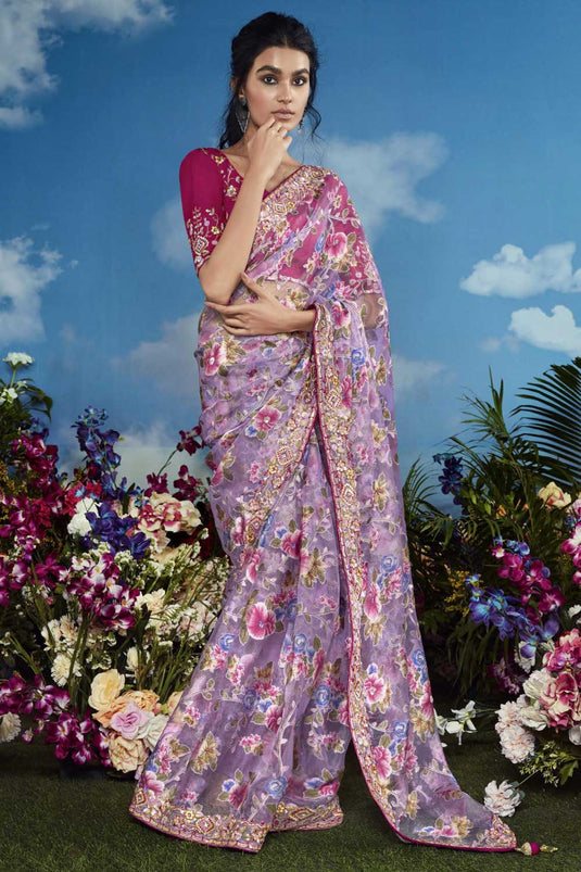 Lavender Color Pleasant Brasso Fabric Party Style Saree