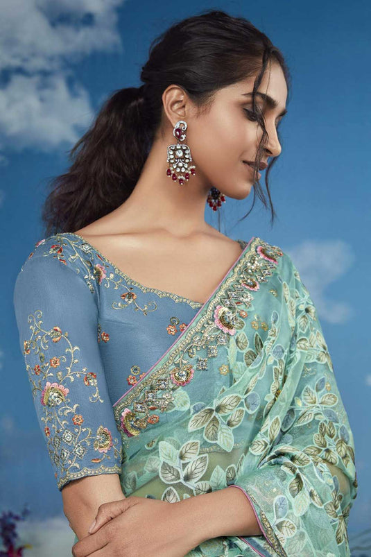 Light Cyan Color Exquisite Brasso Fabric Party Style Saree