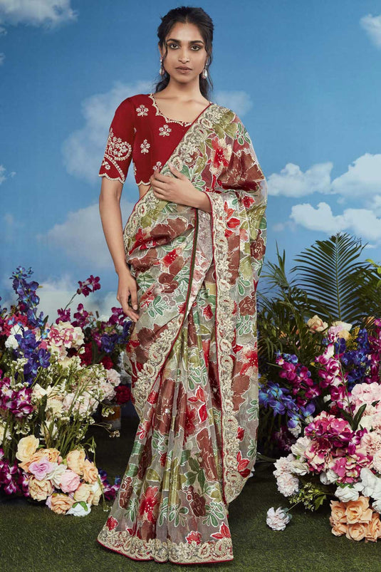 Attractive Brasso Fabric Party Style Saree In Multi Color