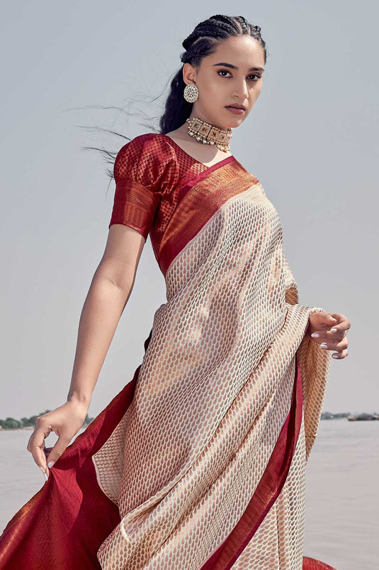 Woven Art Silk Saree in Cream Color