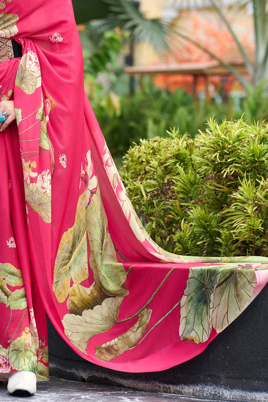 Beatific Floral Printed Saree In Pink Georgette Fabric