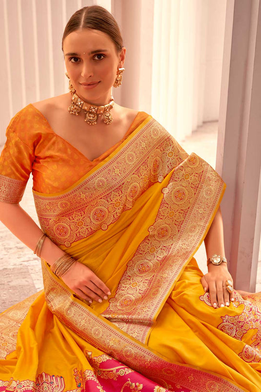 Yellow Color Patterned Silk Saree With Weaving Work