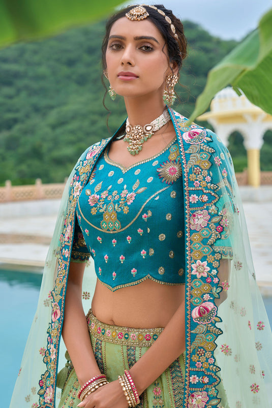 Silk Bridal Lehenga Choli In Sea Green Color