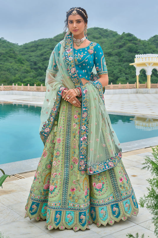 Silk Bridal Lehenga Choli In Sea Green Color