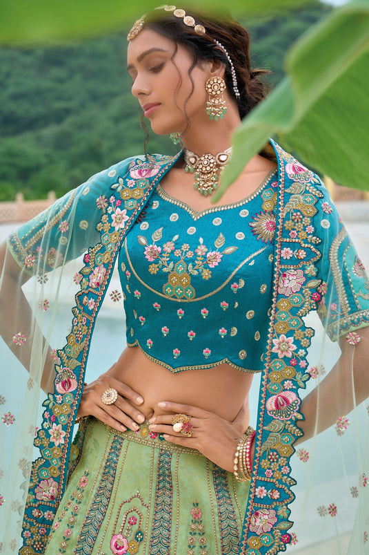 Silk Bridal Lehenga Choli In Sea Green Color