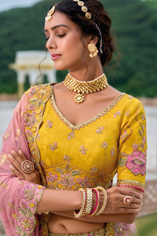 Heavy Work Silk Bridal Lehenga Choli In Yellow Color