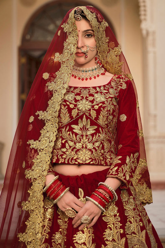 Gorgeous Maroon Charm Velvet Wedding Lehenga Choli