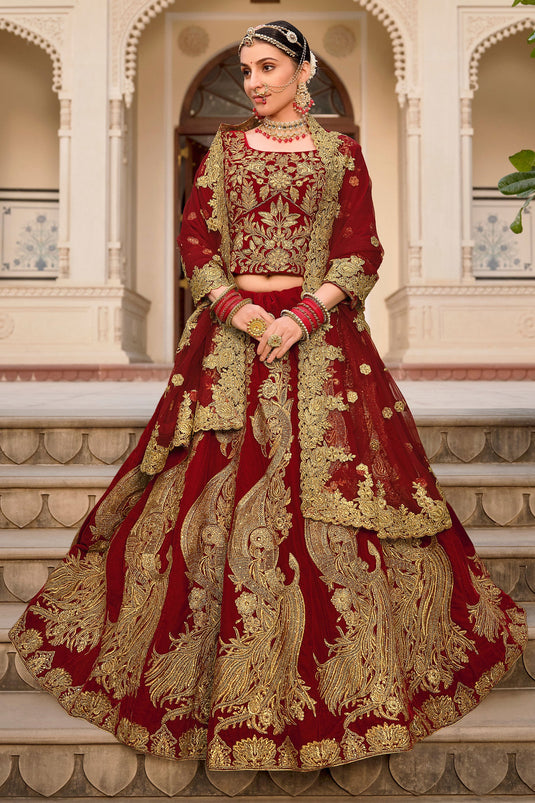 Gorgeous Maroon Charm Velvet Wedding Lehenga Choli