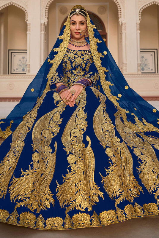 Emerald Blue Heavy Velvet Bridal Lehenga