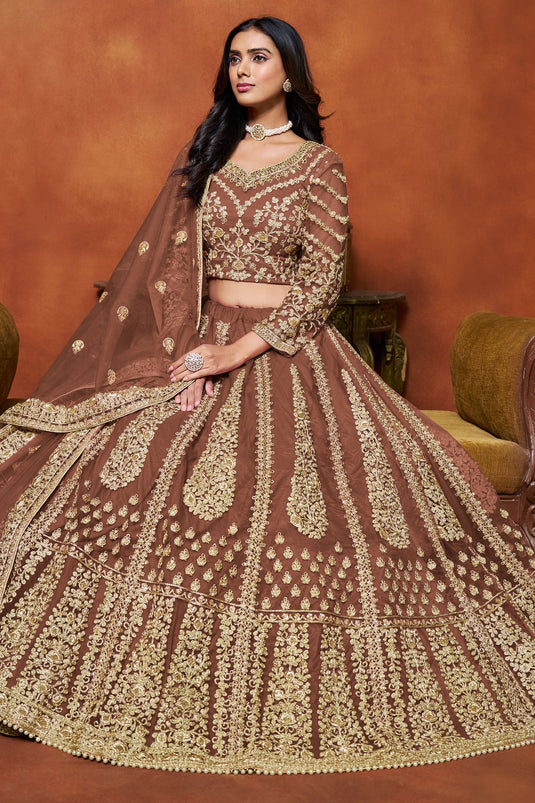 Brown Wedding Net Lehenga Choli