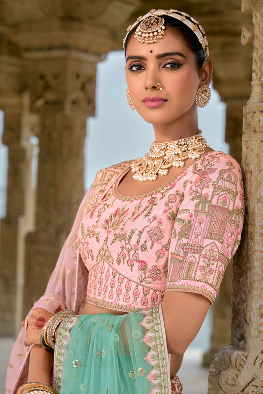 Allure Pink Silk Embroidered Wedding Lehenga Choli