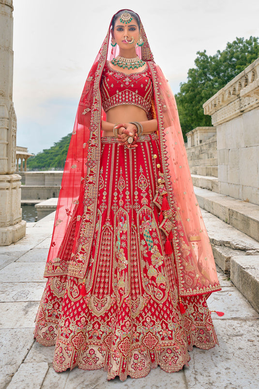 Ruby Red Pure Silk Heavy Embroidered Bridal Lehenga Choli With Double Dupatta