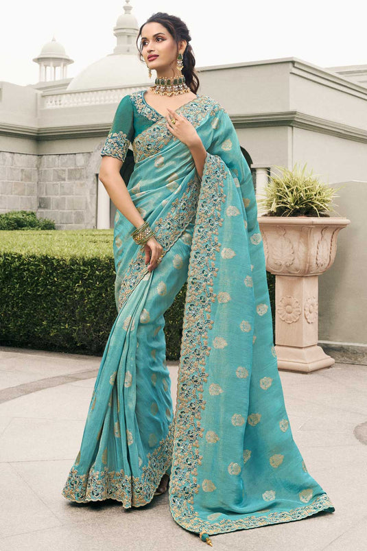 Cyan Color Wedding Wear Tissue Silk Charismatic Saree