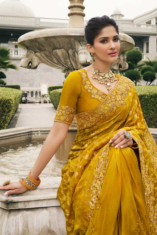 Mustard Color Tissue Silk Wedding Wear Beautiful Saree