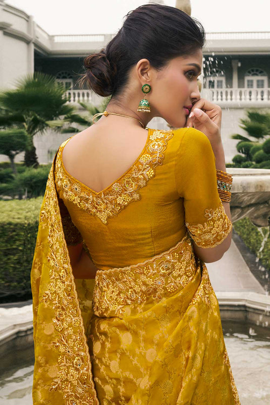 Mustard Color Tissue Silk Wedding Wear Beautiful Saree