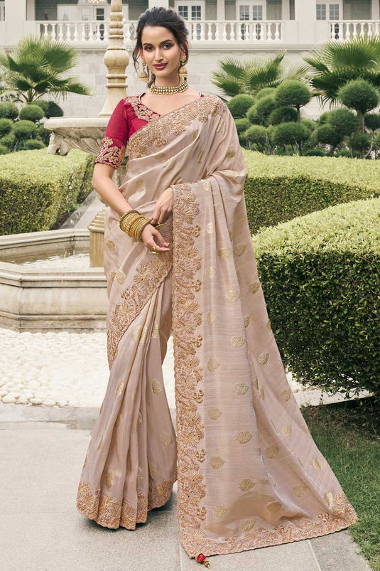 Wedding Wear Tissue Silk Beige Color Magnificent Saree