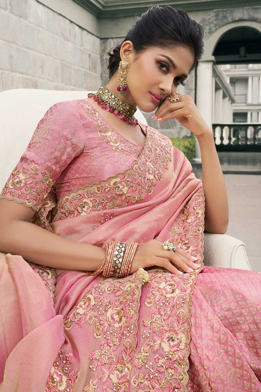 Tissue Silk Wedding Wear Attractive Saree In Pink Color