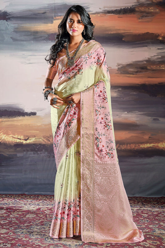 Emerald Pink Color Satin Silk Festive Wear Flower Print Saree