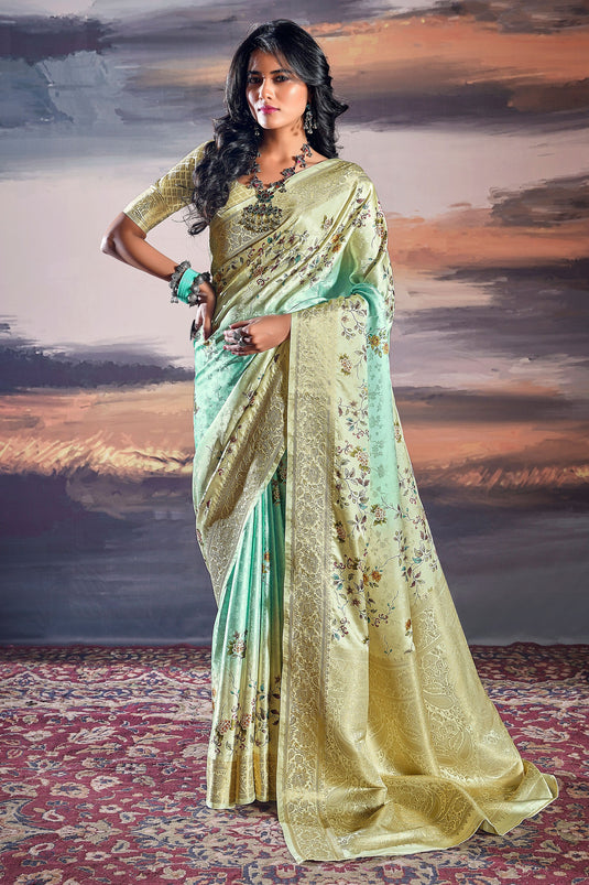 Satin Silk Festive Wear Flower Print Light Cyan Saree