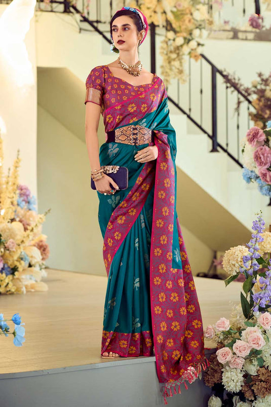 Imposing Banarsi Style Silk Saree In Teal Color