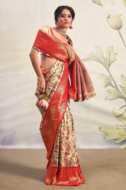 Beige Radiance Printed Art Silk Saree