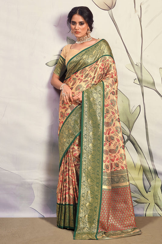 Beige Printed Art Silk Function Saree With Blouse