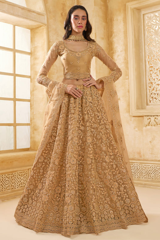 Brown Embroidered Net Lehenga Choli