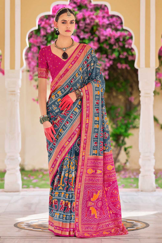 Grey Color Glamorous Art Silk Printed Saree