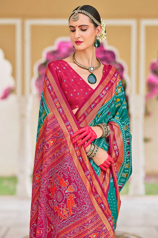 Attractive Art Silk Printed Saree In Green Color