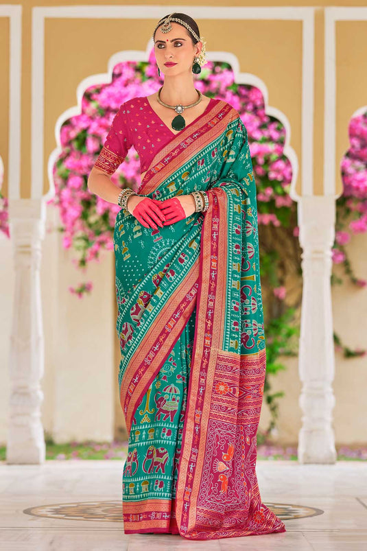 Attractive Art Silk Printed Saree In Green Color