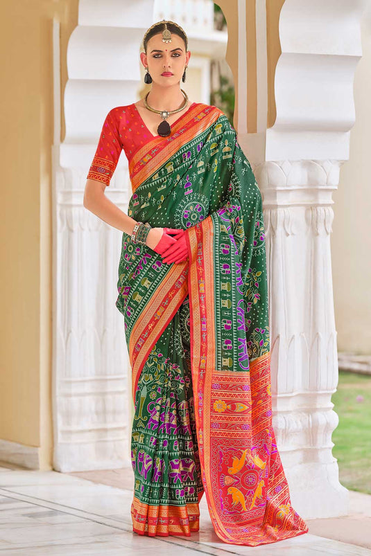 Alluring Dark Green Color Art Silk Printed Saree