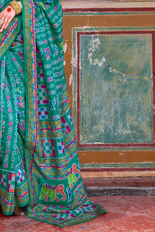 Soothing Art Silk Printed Saree In Cyan Color