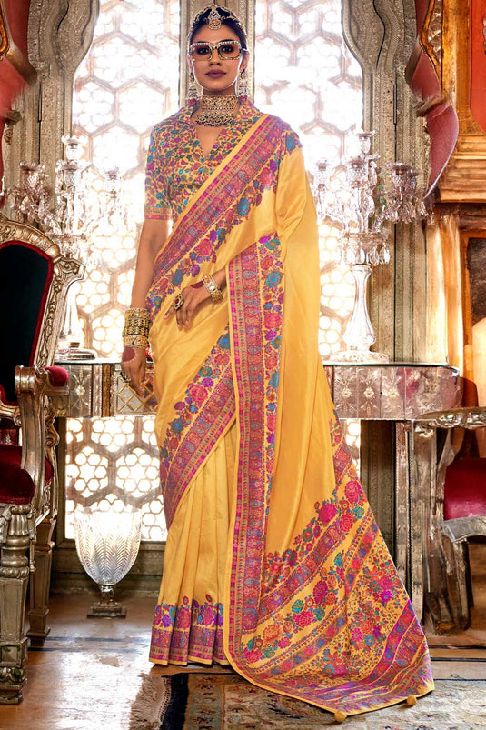 Amazing Printed Work On Yellow Color Art Silk Saree