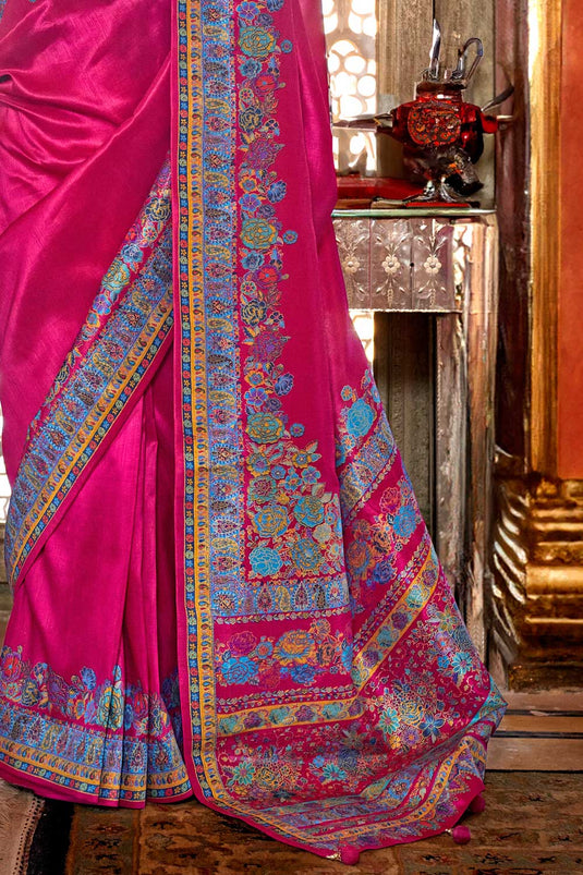 Soothing Printed Work On Rani Color Art Silk Saree