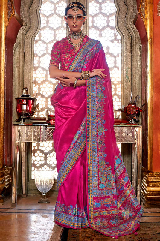 Soothing Printed Work On Rani Color Art Silk Saree