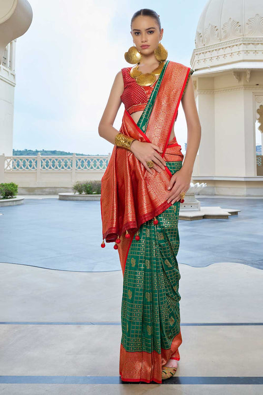 Tempting Green Color Banarasi Silk Saree With Weaving Work