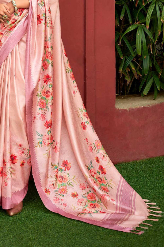 Pink Color Riveting Floral Printed Art Silk Fabric Saree