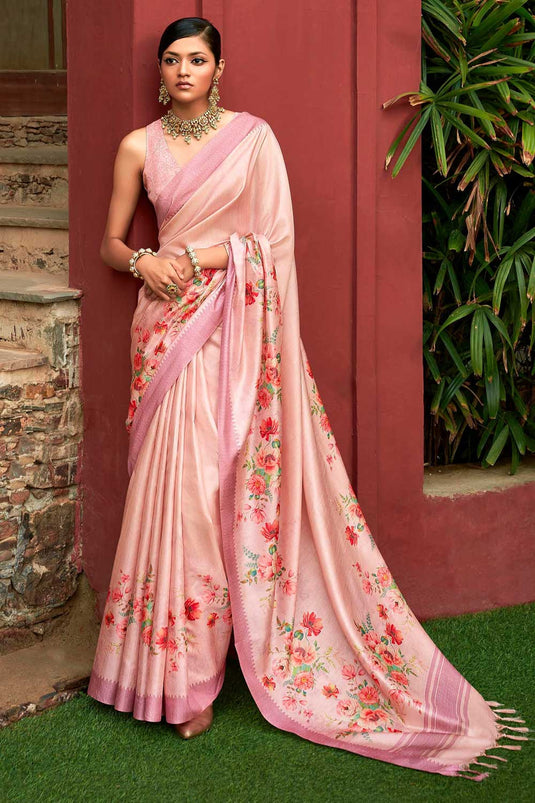 Pink Color Riveting Floral Printed Art Silk Fabric Saree