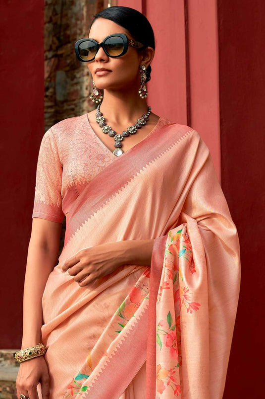 Excellent Art Silk Fabric Peach Color Floral Printed Saree